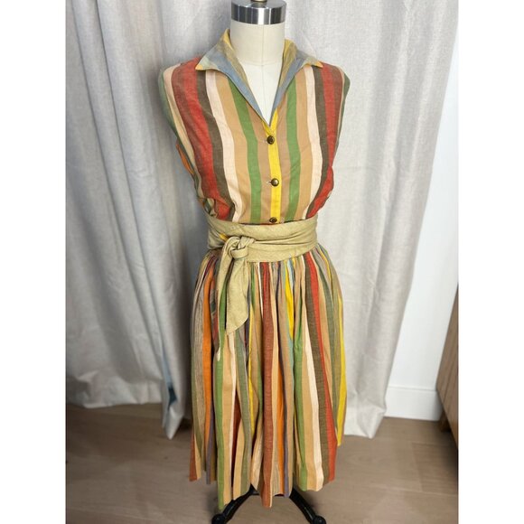 Vtg 60s QUEEN CASUALS Striped Two-Piece Top & Skirt Set XS/2 Sanforized - Picture 1 of 9